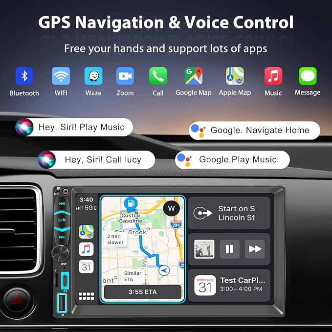 7" Wireless Double Din Car Stereo Apple Carplay Radio Screen - Image 3