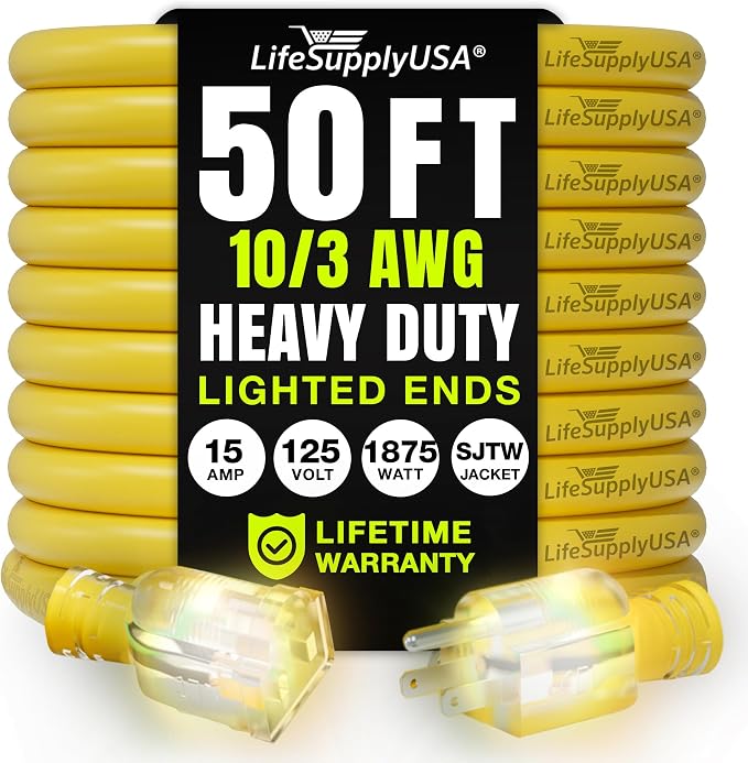 50ft Outdoor/Indoor Extension Cord 10/3 Gauge Ultra Heavy Duty 3 Prong SJTW by LifeSupplyUSA