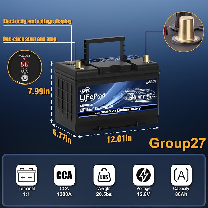 TPE Car Start-Stop Lithium Battery BCI GROUP 27 12V 80AH Car Battery - Image 2