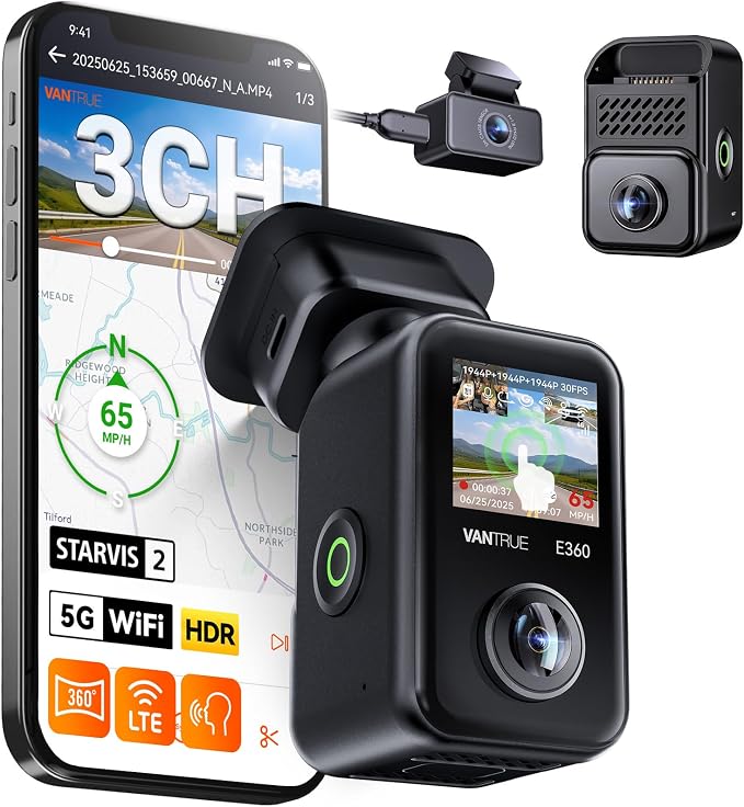 Vantrue E360 Plus 3 Channel 360 Degree WiFi Dash Cam, Dual STARVIS 2, by VANTRUE