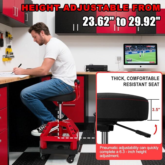 Rolling Shop Stool with Wheels, Heavy Duty Garage Work Mechanic Stool with - Image 4