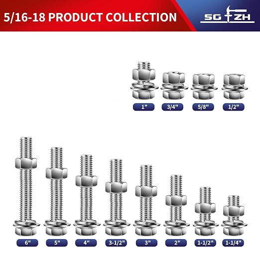 5/16-18 x 5" Hex Head Screw Bolt, Flat & Lock Washers, Fully Threaded, by SG TZH - Image 3
