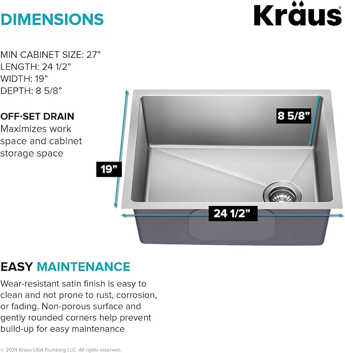 KRAUS Fairlane 25-inch Undermount Single Bowl 18-Gauge Stainless Steel Kitchen - Image 6