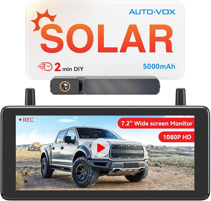 AUTO-VOX 7.2" DVR Portable Solar Wireless Backup Camera:HD 1080P 2 Min Quick by AUTO-VOX