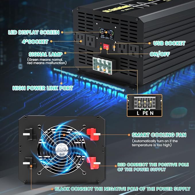 5000W/10000W Pure Sine Wave Car Power Inverter 12V DC to 120V AC 60HZ - Image 2