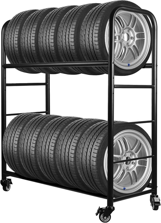 Tire Rack, Rolling Tire Rack 218KG/480LBS Capacity, 2 Storage Shelf & 4 Swivel by Togarhow