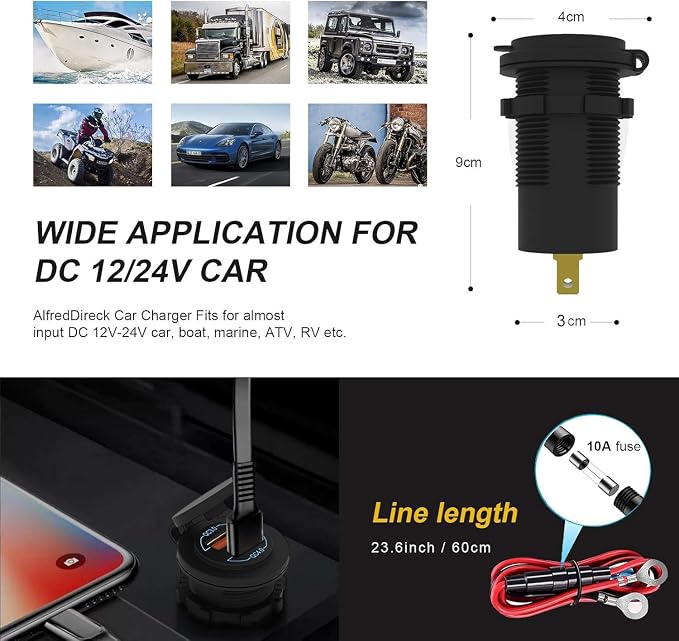 12V USB Outlet - 90W Dual Ports QC4.0 PD & Quick Charge3.0 Car Charger Socket - - Image 6