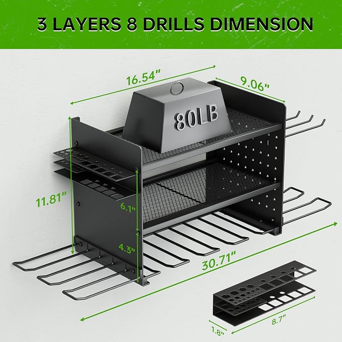 Power Tool Organizer, 3 Layer 8 Drill Holder Wall Mount, Tool Shelf and Storage - Image 5