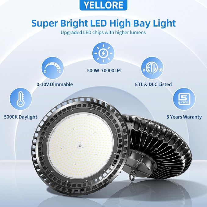 6 Pack 500W LED High Bay Light 72, 500LM DLC ETL Listed Industrial Grade UFO - Image 2