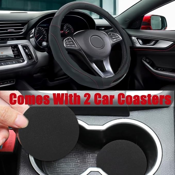 Car Steering Wheel Cover with Cup Coasters, Universal 15 inch Leather Carbon - Image 3