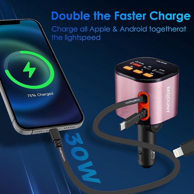 Retractable Car Charger, 5 in 1 Fast Car Phone Charger 90W, Handsfree Call - Image 3