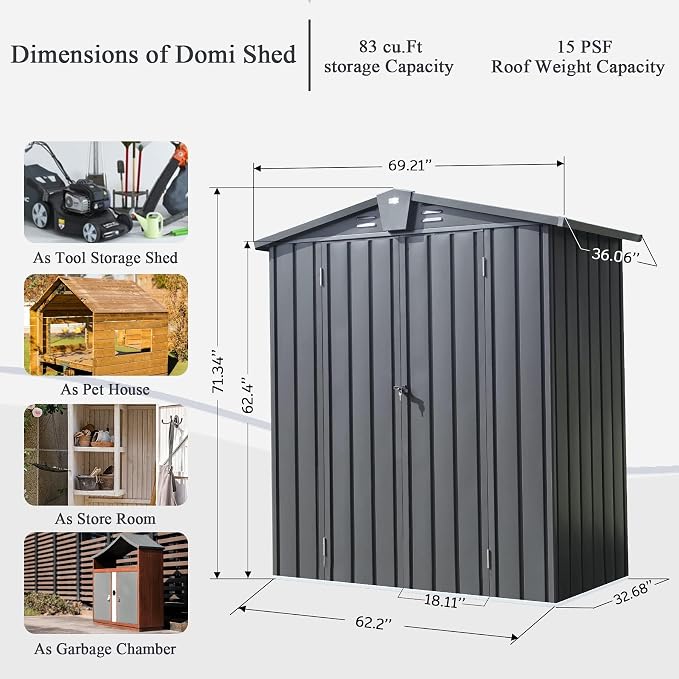 Domi Outdoor Storage Shed 5'x3, Metal Waterproof Tool Shed Utility Storage House - Image 6