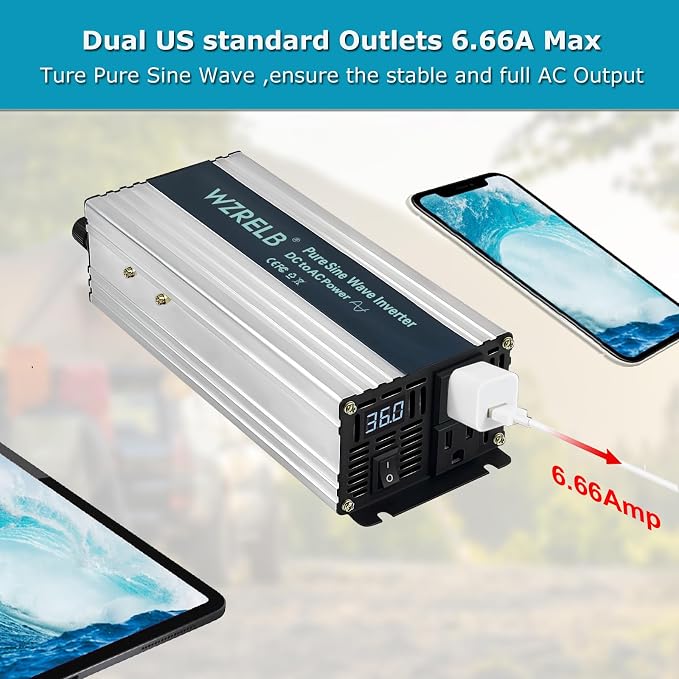 WZRELB 800W Pure Sine Wave Inverter 36V DC to 110V 120V AC Power Converter - Image 4