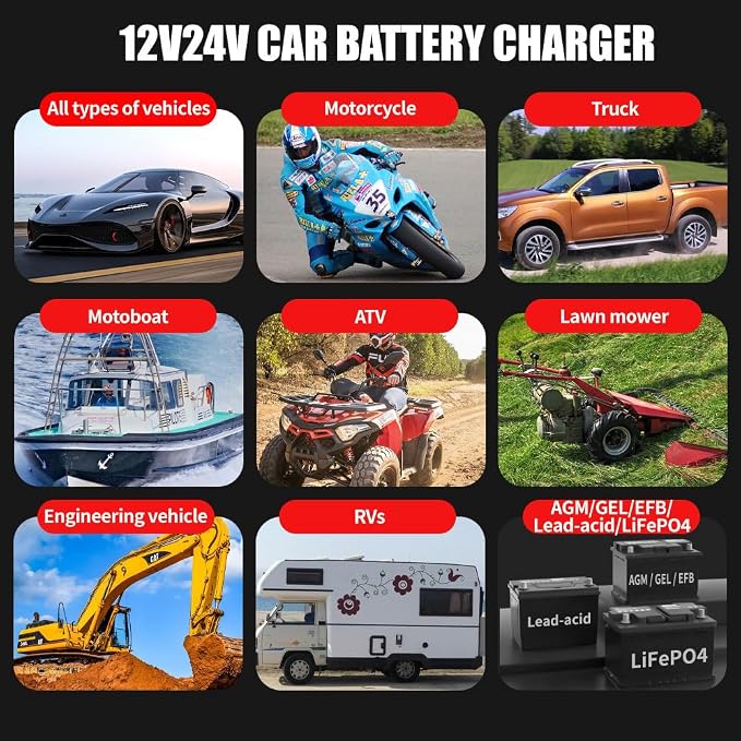 20-Amp Car Battery Charger, 12V/20A and 24V/10A LiFePO4, Lead-Acid Automatic - Image 8