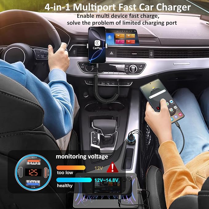 USB C Car Charger, 4-Port 65W Dual 12V USB-A & USB-C Car Phone Charger - Image 4