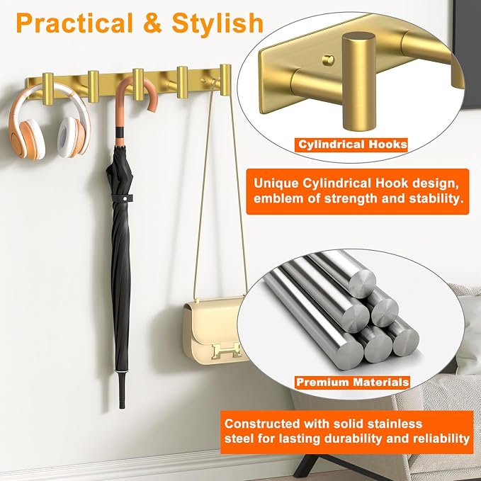 Wall Mounted Coat Rack-5 Hooks, Heavy Duty Stainless Steel Hook Rail - Image 4