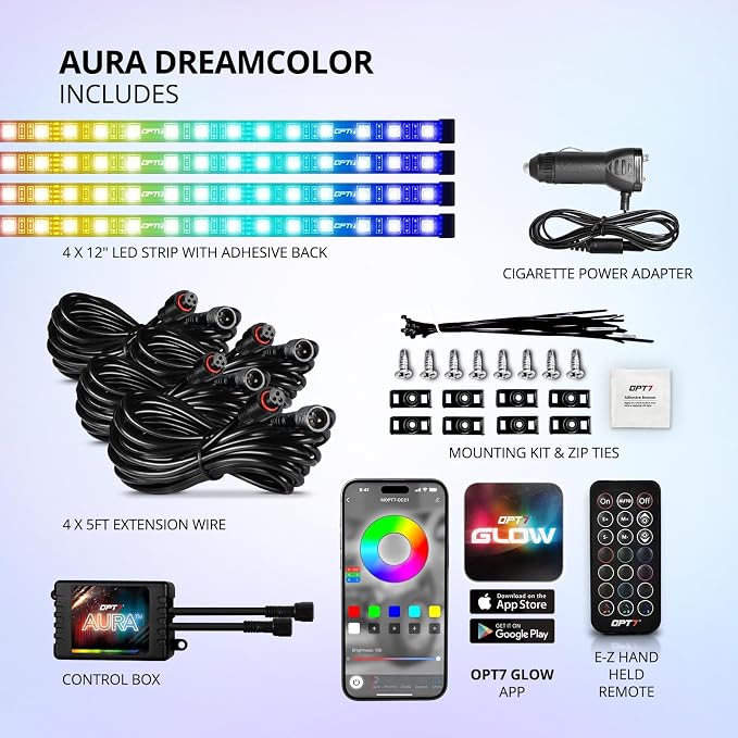 OPT7 Aura DreamColor RGB-IC LED Car Interior Light Strips, Color Chasing Light - Image 7