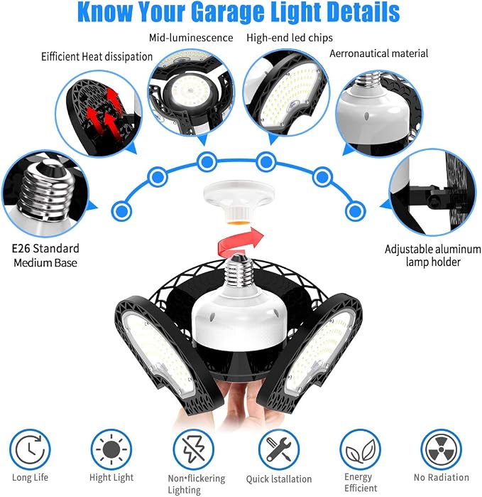 LED Garage Light 80W Deformable LED Ceiling Lights 12000 Lumens Led Shop Lights - Image 3