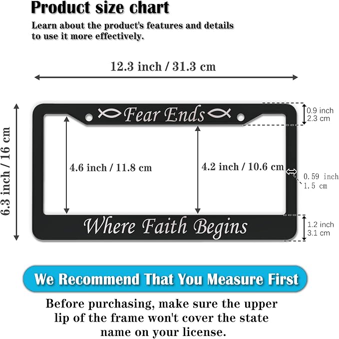 License Plate Frames Black and White Car Plate Frame Fear Ends When Faith - Image 2