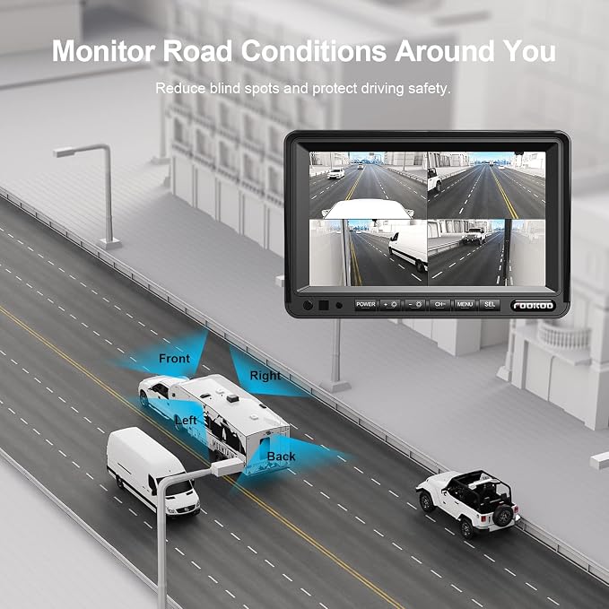 Fookoo HD 1080P 7" Wired Backup Camera System, 7-inch Quad Split Screen Monitor - Image 4