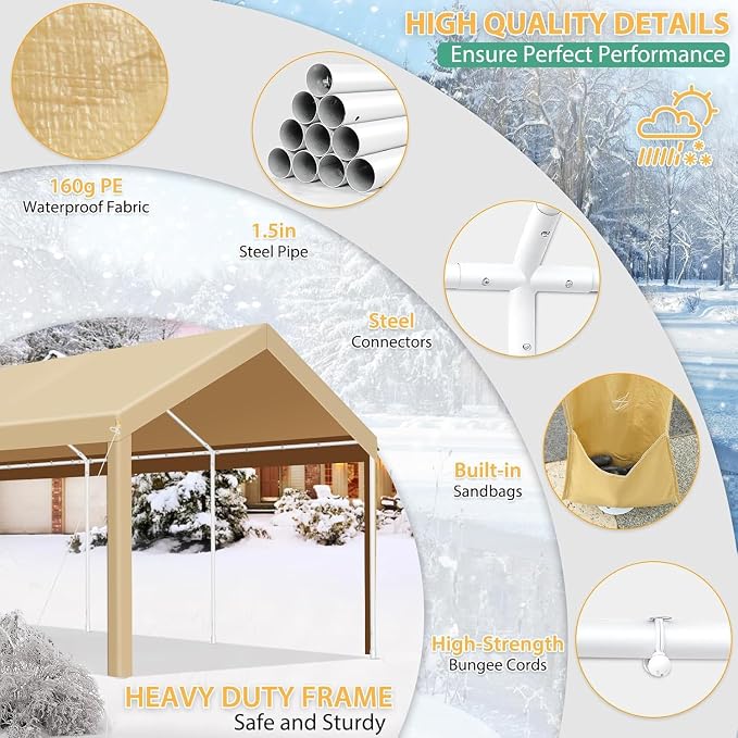 COBIZI Carport 10x20ft Heavy Duty Portable Garage, 2.0 Powder Coated Frame - Image 5