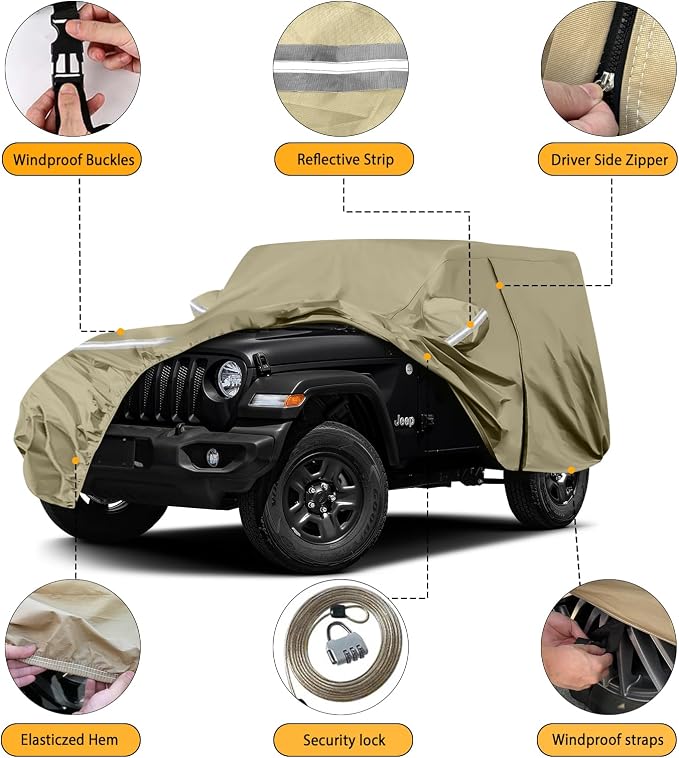 Waterproof Car Covers Replace for 2007-2025 Jeep Wrangler 2 Door, Windproof - Image 2