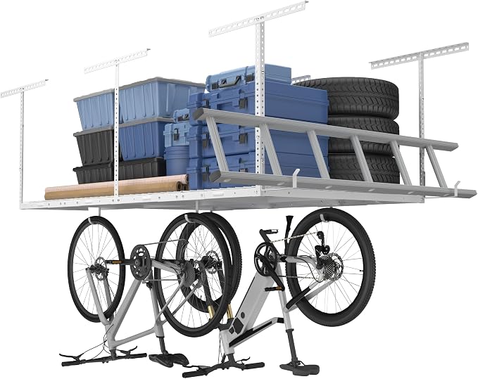 FLEXIMOUNTS 4x8 Overhead Garage Storage Rack w/Hooks Adjustable Ceiling Storage by FLEXIMOUNTS