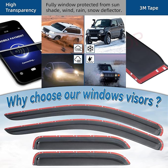 4pcs Front+Rear Smoke Sun/Rain Guard Outside Mount Tape-On Window Visors - Image 2