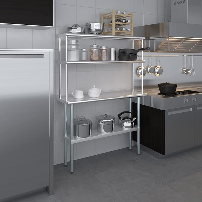 Amgood Stainless Steel Work Table Double Tier Overshelf | NSF 14" x 48" Work - Image 6