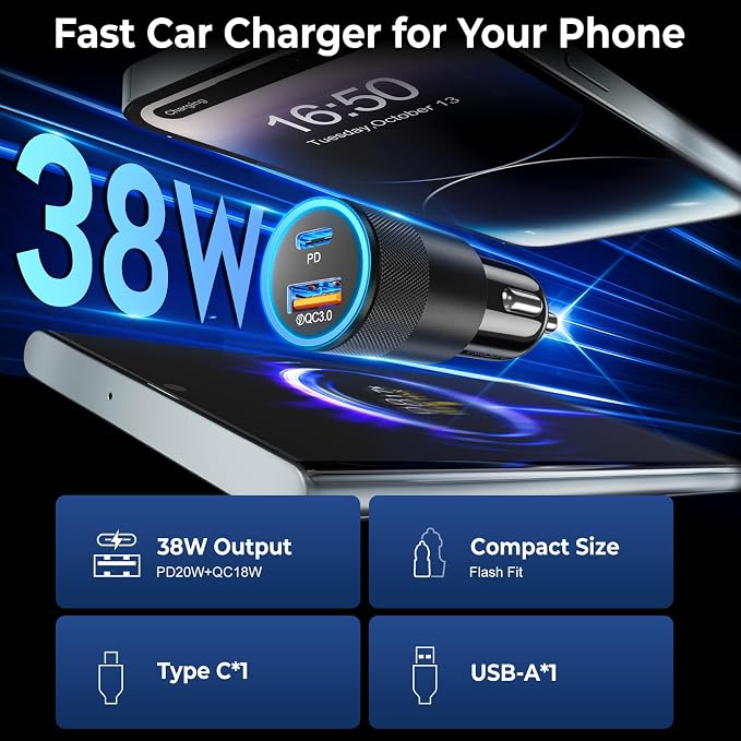 Car Charger USB C 3-Pack, Ancekoy 38W Dual Port PD + QC 3.0 Car Charger Adapter - Image 2