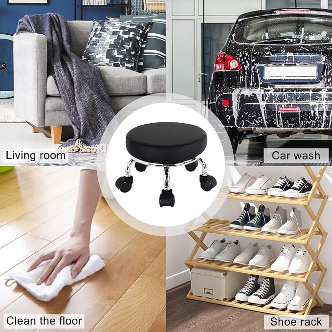 Modern Roller Seat PU Leather Low Round Rolling Stool 360 Swivel Small Stool - Image 6