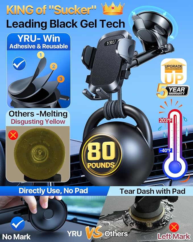 YRU Car Phone Holder Mount, Dashboard Cell Phone Holder - Image 4