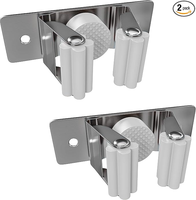 Self Adhesive Broom and Mop Holder Wall Mounted – SUS304 Stainless Steel 2-Slot by SAYONEYES