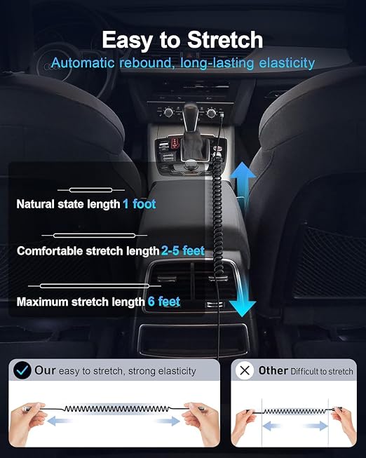 USB C Cable for Car 3FT/6FT, Coiled USB C to USB C Cable Fast Charging 66W - Image 6