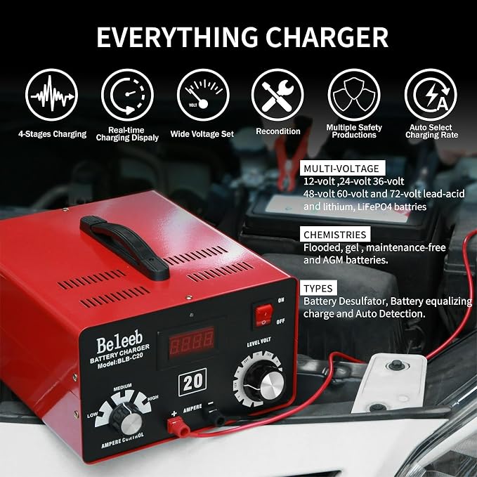 C20 Adjustable Battery Charger 12V 24V 36V 48V, 12A Pulses of High-Voltage - Image 2