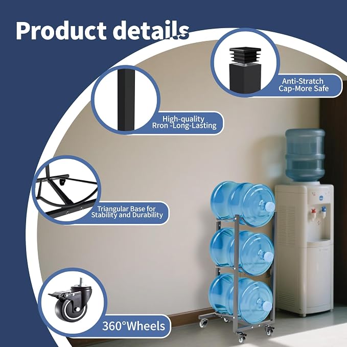 Water Jug Holder with 4 Wheels: 3 Tier Movable Gallon Bottle Storage Rack - Image 5
