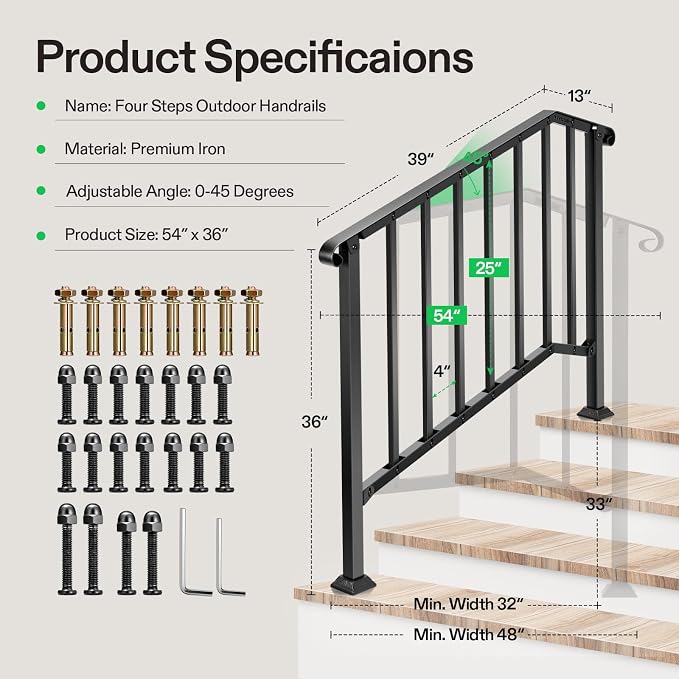 VIVOSUN Outdoor Handrail, 4 Step Stair Handrail, Wrought Mattle Iron Stair - Image 2