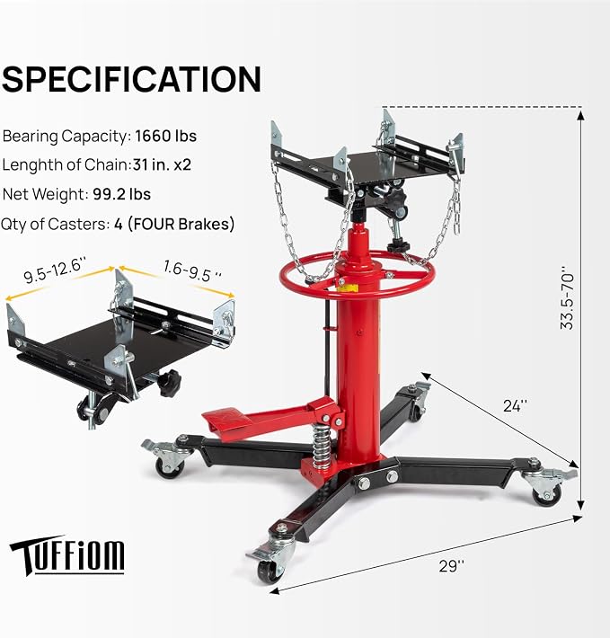 TUFFIOM Transmission Jack, 1660 lbs 3/4-Ton Hydraulic 2-Stage High Lift - Image 6