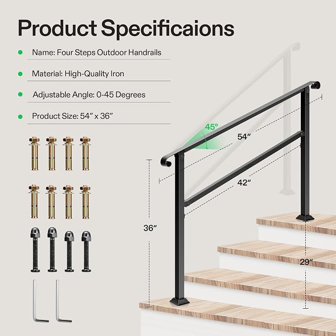 VIVOSUN Outdoor Handrail, Wrought Iron Stair Railing - Image 2