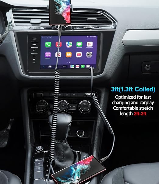 USB C to C Cable 100W 3FT for Car, Coiled USB C Cable Fast Charging for iPhone - Image 4