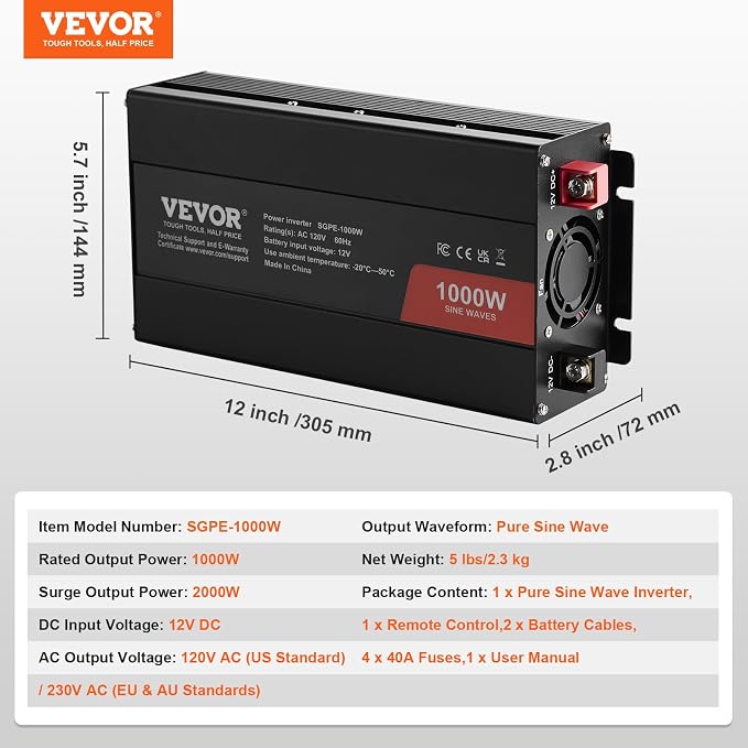 VEVOR 1000W Pure Sine Wave Inverter, DC 12V to AC 120V Power Inverter - Image 7