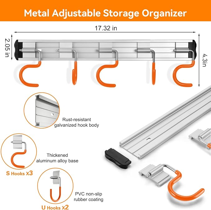 34.5'' Aluminum Alloy Garage Tool Organizer Hooks, Broom Holder Wall Mount - Image 2