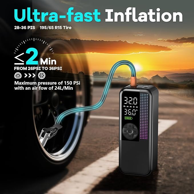 Tire Inflator Portable Air Compressor, 150 PSI Cordless Air Pump, Dual Power - Image 3