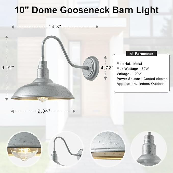 10'' Dome Outdoor Gooseneck Barn Light, Galvanized Steel Exterior Wall Lantern - Image 7