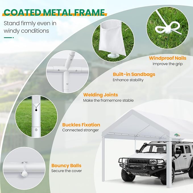 COBIZI Carports 10x20 Heavy Duty Car Tent Garage, Galvanized Frame Car Canopy - Image 3