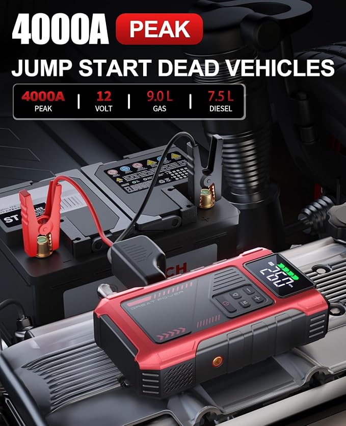 4000A Car Jump Starter with Air Compressor, Portable Charger Jumpstart 12V - Image 2