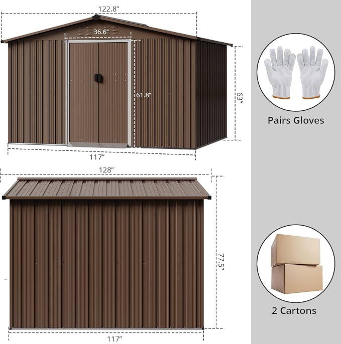 10x10 Ft Brown Metal Outdoor Storage Shed, Large Garden Shed - Image 6