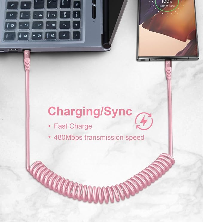 USB C to C Cable 3FT for Car, Coiled USB C Fast Charging Cable for iPhone 16 - Image 6