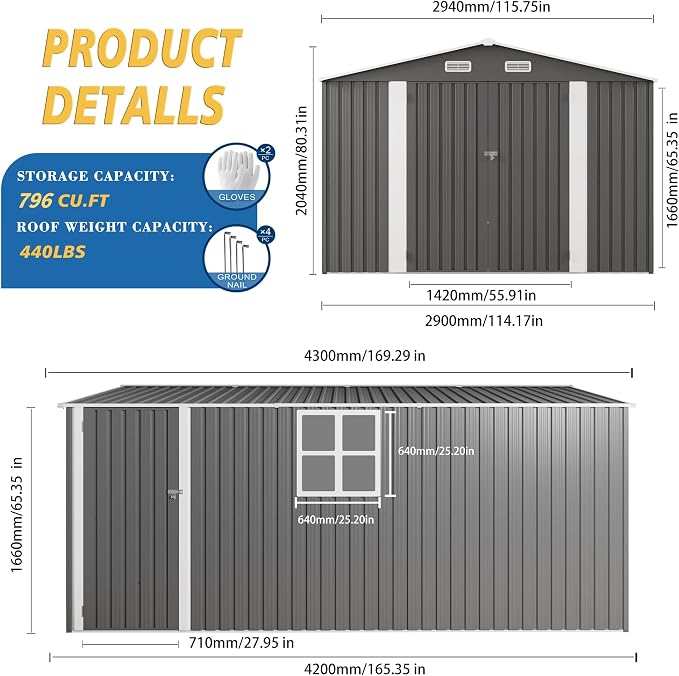 10x14x6.7FT Outdoor Storage Shed, Galvanized Steel Garden Shed - Image 7