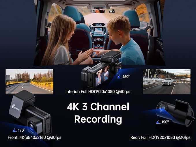 Pelsee 4K 3 Channel Dash Cam Front and Rear Inside, Dash Camera - Image 2
